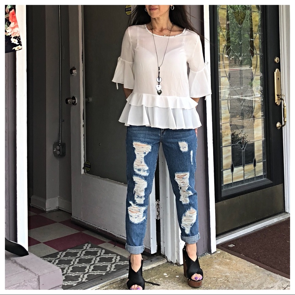 PARIS layered bell sleeves pearl trim blouse - Picture 3 of 8